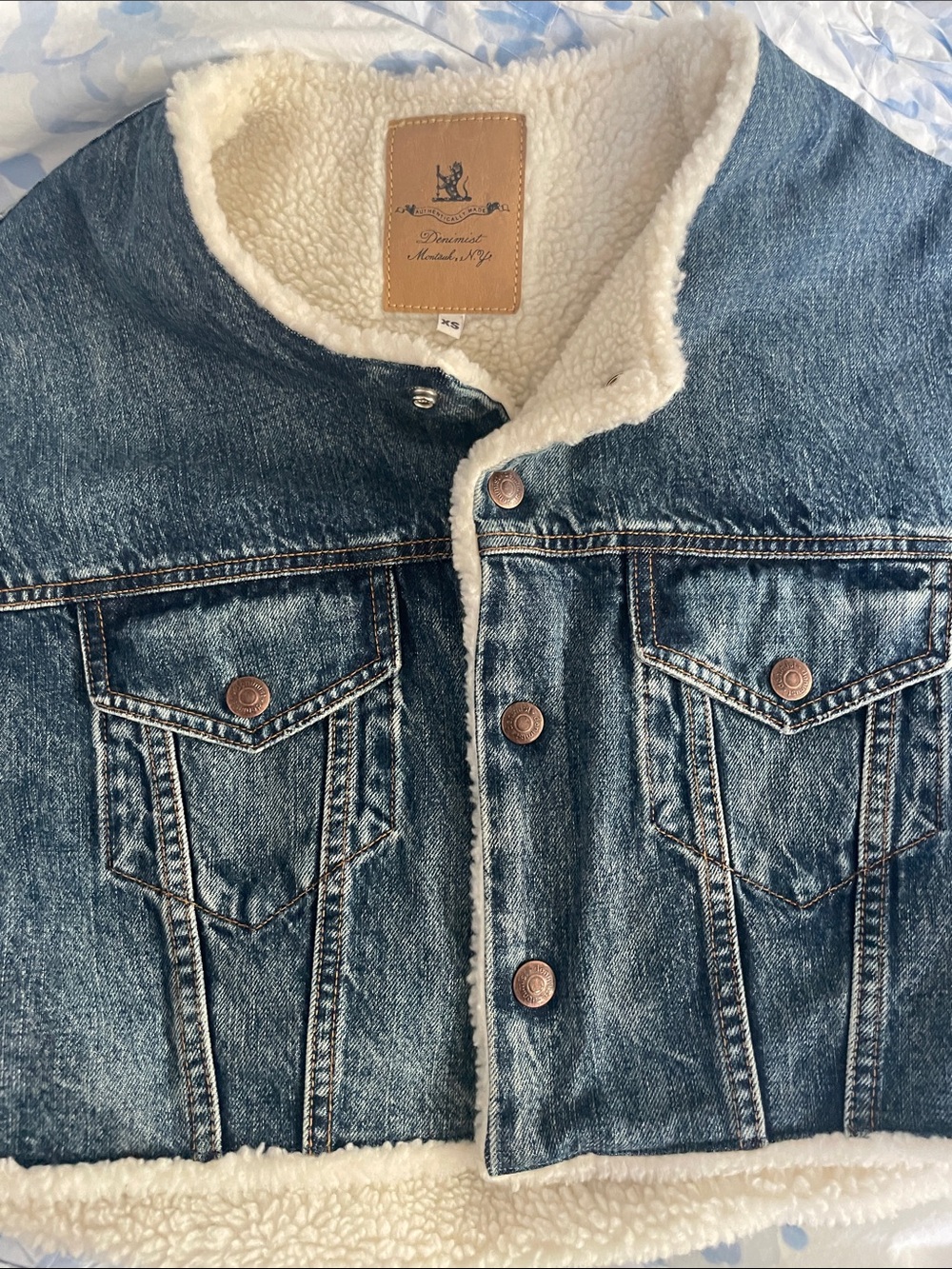 Denimist x Free People Faux Shearling Oversized Cropped Denim Jacket Jean lined - Picture 6 of 10